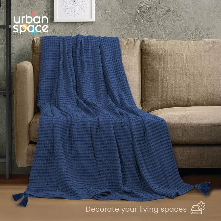 Urban Space 100% Cotton Waffle Throw Blanket, Soft Decorative Throw for Living Room, Sofa, Chair and Couch, Handmade,Reversible and Breathable Throw with Tassels